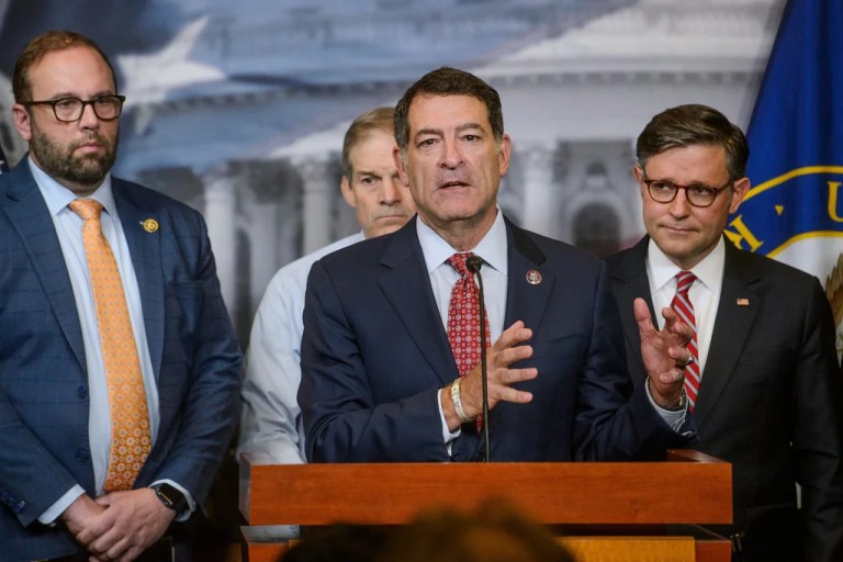 Rep. Mark Green (R-TN), center, is joined by from left: Reps. Jason Smith (R-MO), Jim Jordan (R-OH), and Speaker of the House Mike Johnson (R-LA), right, during a news conference at the Capitol, Tuesday, May 20, 2025, in Washington.