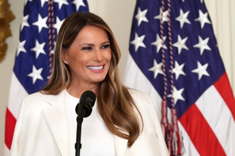 First lady Melania Trump speaks during an event.