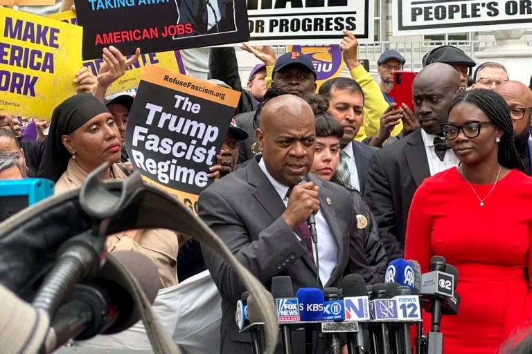 Mayor Ras Baraka speaks to supporters and media after a court appearance in Newark, New Jersey, Thursday, May 15, 2025.