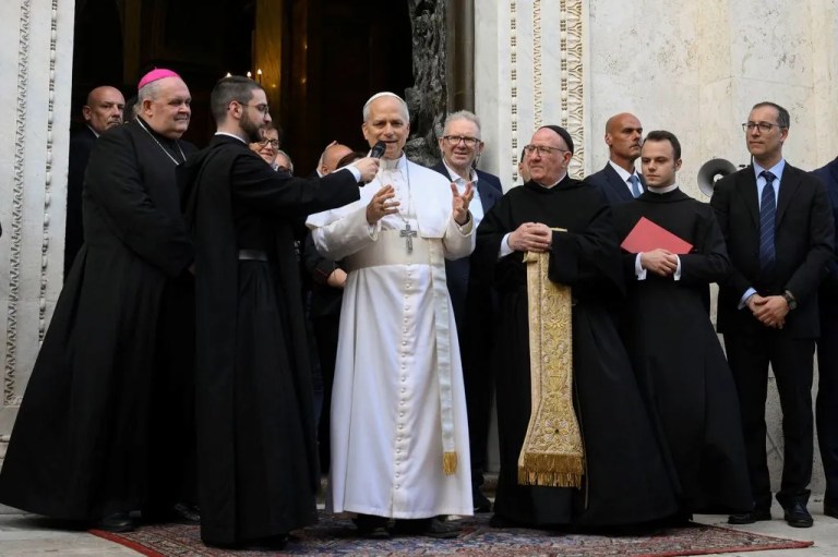 Cardinal Robert Prevost appears on the central loggia of St. Peter's Basilica after being chosen the 267th pontiff of the Roman Catholic Church, choosing the name of Pope Leo XIV, at the Vatican, Thursday, May 8, 2025.