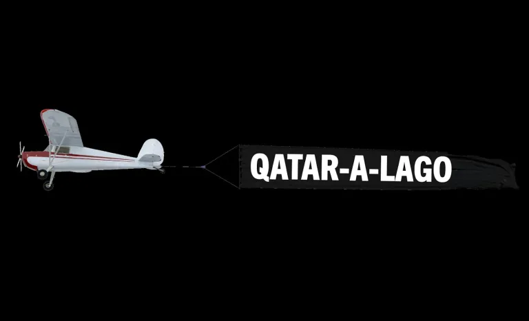 DNC banner trolling President Donald Trump while he visits Qatar.