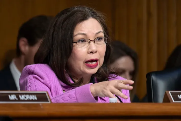 Sen. Tammy Duckworth, D-Ill., the ranking member of the Senate Transportation Subcommittee, speaks during a hearing on Capitol Hill in Washington, Thursday, March 27, 2025.