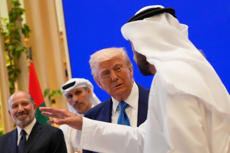 President Donald Trump speaks with Saudi Crown Prince Mohammed bin Salman during an arrival ceremony at the Royal Terminal of King Khalid International Airport in Riyadh, Saudi Arabia, Tuesday, May 13, 2025.
