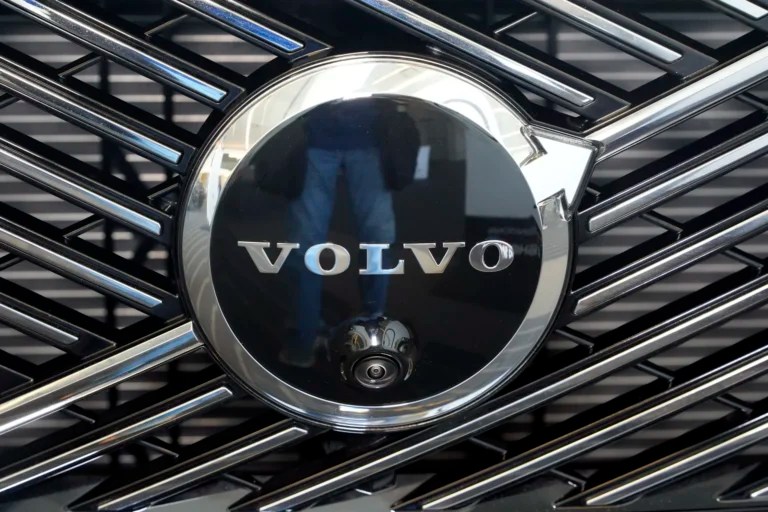 This is the Volvo logo on the grill of a Volvo automobile on display at the Pittsburgh International Auto Show in Pittsburgh, Feb. 14, 2025.