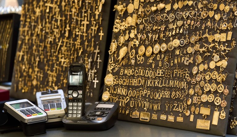 Gold jewelry are displayed for sale at V&P Jewelry in the St. Vincent Jewelry Center in the Jewelry District of Los Angeles in Los Angeles, Wednesday, April 30, 2025. (AP Photo/Jae C. Hong)