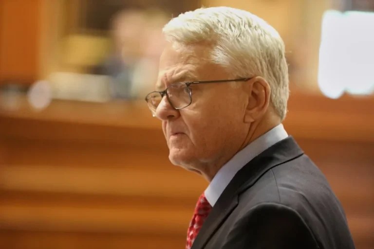 Republican South Carolina Treasurer Curtis Loftis answers questions during a hearing in the Senate that could start the process of removing him from office on Monday, April 21, 2025, in Columbia, South Carolina.