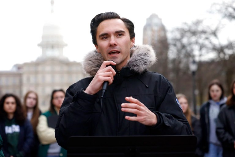 March for Our Lives cofounder David Hogg speaks during a news conference to call for gun reform, Monday, Feb. 20, 2023, in Lansing, Mich.