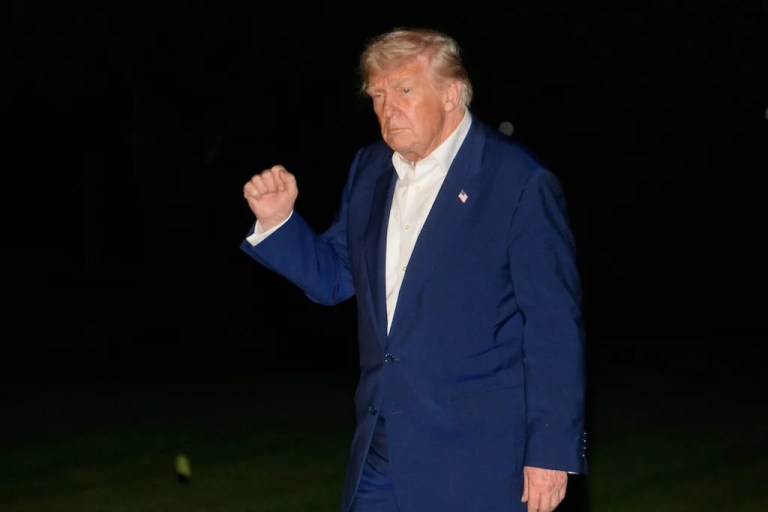 President Donald Trump walks across the South Lawn upon arrival at the White House on Marine One in Washington, Friday, May 16, 2025. (AP Photo/Rod Lamkey, Jr.)