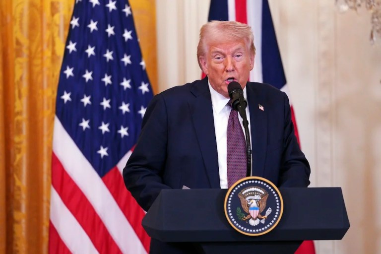 U.S. President Donald Trump speaks during a joint press conference with Britain's Prime Minister Keir Starmer in the East Room at the White House Thursday, Feb. 27, 2025, in Washington. (Carl Court/Pool Photo via AP)