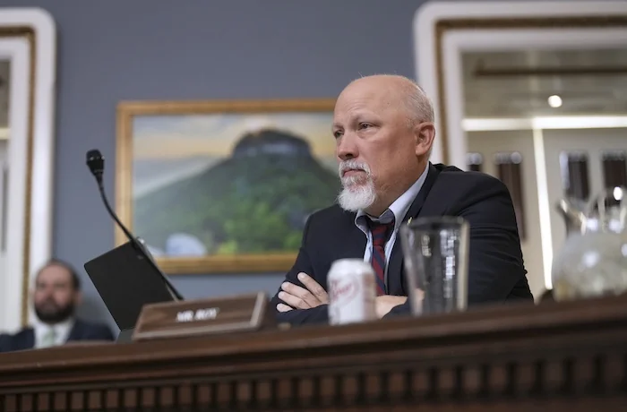 Rep. Chip Roy (R-TX), a member of the conservative House Freedom Caucus, listens as the Republican plan to advance President Donald Trump's top domestic priorities on spending reductions and tax breaks is prepared in the House Rules Committee for a floor vote, at the Capitol in Washington, Wednesday, April 9, 2025. The deficit hawk has blasted the GOP plan drawing the ire of both Trump and House Speaker Mike Johnson (R-LA).