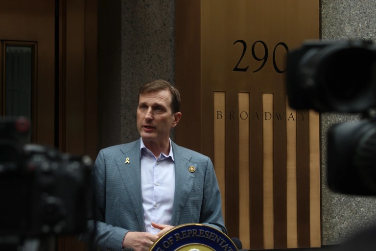 Rep. Dan Goldman (D-NY) speaks at a press conference following immigration agents arresting migrants at their immigration court hearings.