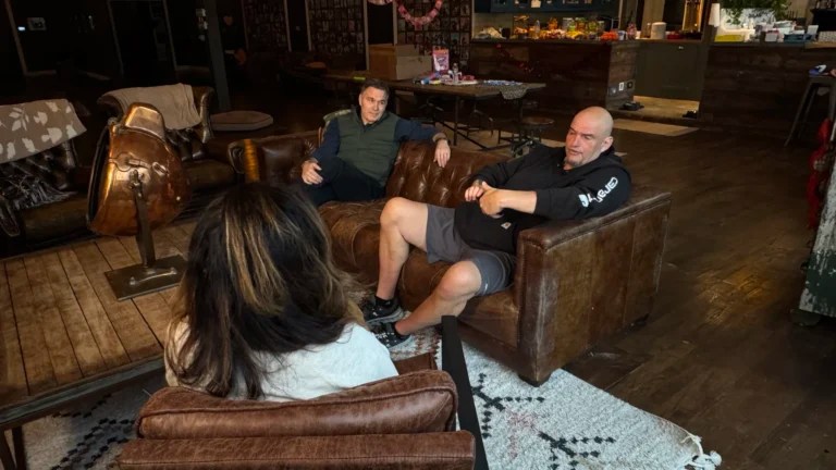Sens. Dave McCormick (R-PA) and John Fetterman (D-PA) at Fetterman's home in Braddock, Pennsylvania, in February.