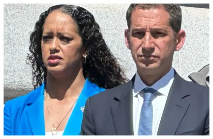 San Francisco Mayor Daniel Lurie (R) and San Francisco District Attorney Brooke Jenkins (L) are at City Hall on May 5, 2025. (Barnini Chakraborty/Washington Examiner)