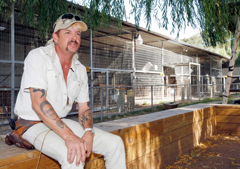 FILE - In this Aug. 28, 2013, file photo, Joseph Maldonado answers a question during an interview at the zoo he runs in Wynnewood, Okla. Maldonado known also as “Tiger King” Joe Exotic is headed to a federal courtroom Friday, Jan. 28, 2022, for a resentencing hearing. He's now in federal prison after a jury convicted him in a murder-for-hire plot involving his chief rival, Carole Baskin. (AP Photo/Sue Ogrocki, File)