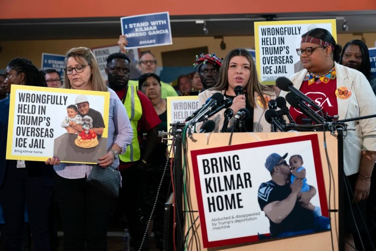 Jennifer Vasquez Sura, the wife of Kilmar Abrego Garcia of Maryland, who was mistakenly deported to El Salvador, speaks during a news conference at CASA's Multicultural Center in Hyattsville, Md., Friday, April 4, 2025.