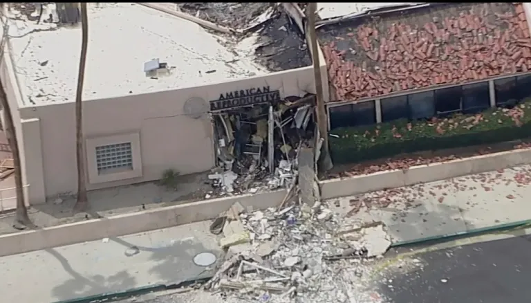 Debris covers the ground after an explosion on Saturday, May 17, 2025 in Palm Springs, Calif.