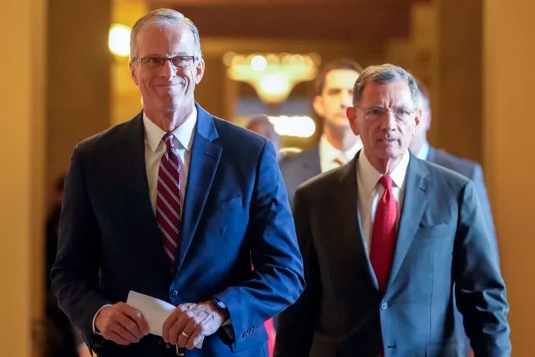 Senate Majority Leader John Thune (R-SD), left, and Senate Majority Whip Sen. John Barrasso (R-WY), right, arrive for a news conference on Capitol Hill, Wednesday, Nov. 13, 2024, in Washington.