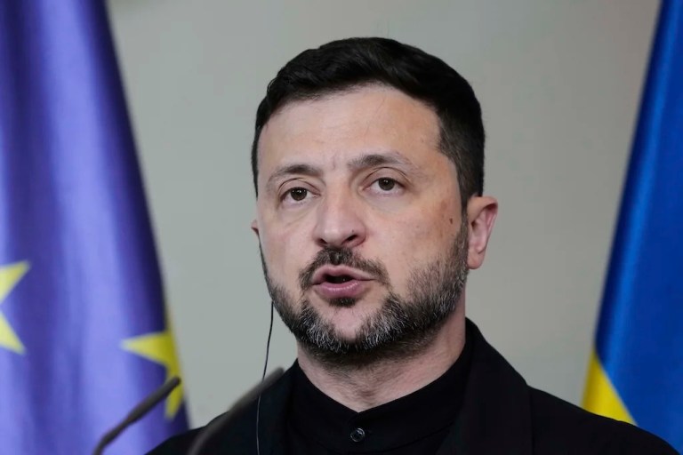 Ukraine's President Volodymyr Zelenskyy attends a news conference at the chancellery in Berlin, Germany, Wednesday, May 28, 2025.(AP Photo/Markus Schreiber)