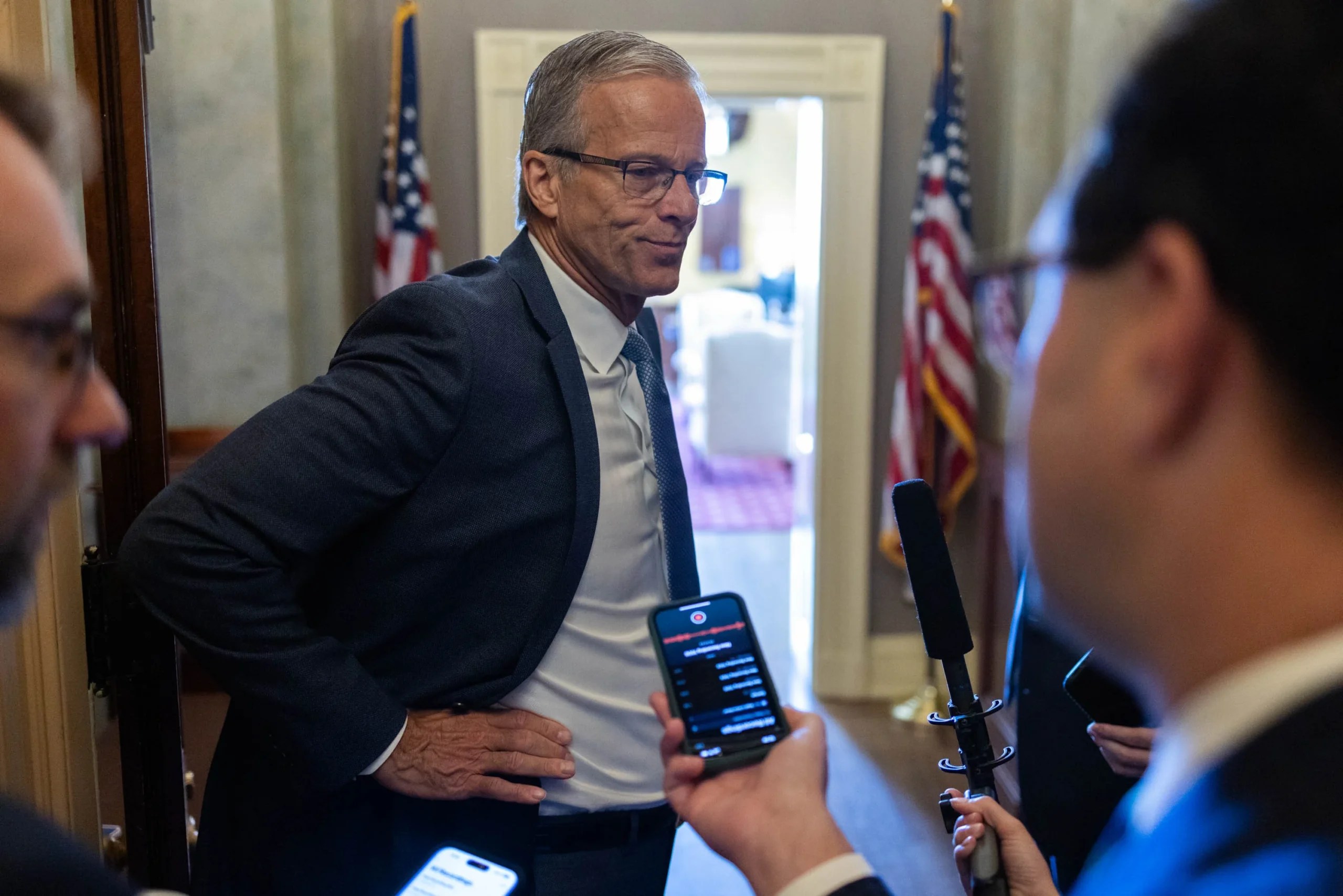 Senate Majority Leader John Thune (R-SD) speaks to reporters at the Capitol on Monday, June 30, 2025 as the Senate debates President Donald Trump's "one, big beautiful" bill. (Graeme Jennings/Washington Examiner)