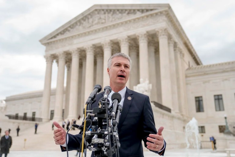 FILE - South Dakota Attorney General Marty Jackley speaks outside the U.S. Supreme Court, April 17, 2018, in Washington. South Dakota officials, including Jackley, said Thursday, March 28, 2024, that they will investigate a “disturbance” at a state prison in Sioux Falls that they say resulted in at least one officer getting assaulted the day before. (AP Photo/Andrew Harnik, File)