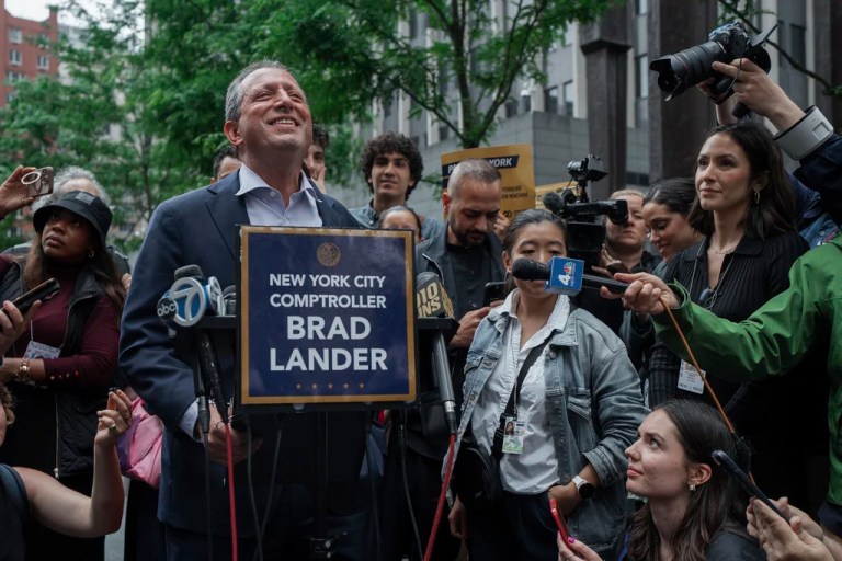 New York City Comptroller Brad Lander speaks during a press conference after being released from arrest outside federal immigration court on Tuesday, June 17, 2025,