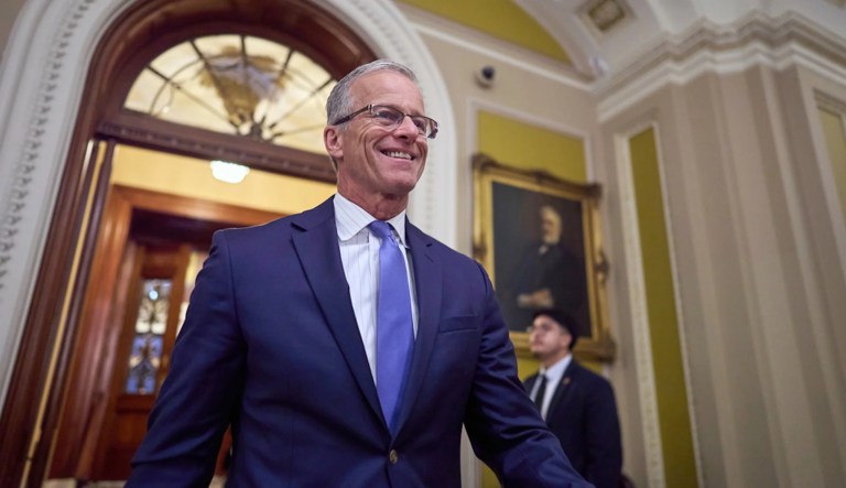 Senate Majority Leader John Thune, R-S.D., leaves the chamber Wednesday afternoon with plans to take up voting on the GOP's sweeping mega bill by next week despite lack of support from key fiscal hawks, at the Capitol in Washington, Wednesday, June 18, 2025.