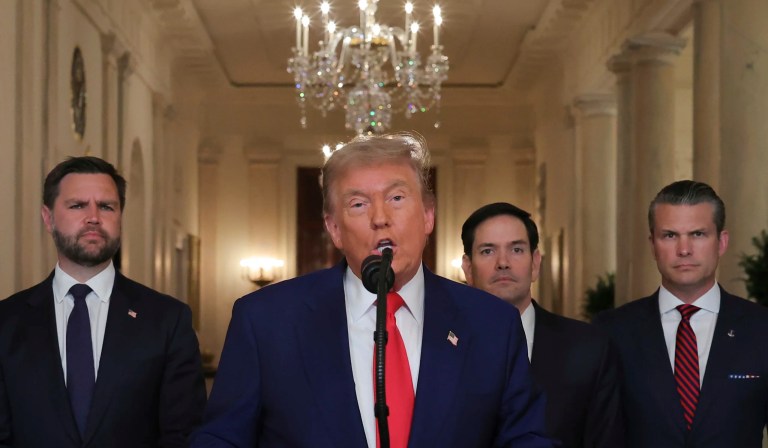 President Donald Trump speaks from the East Room of the White House in Washington, Saturday, June 21, 2025, after the U.S. military struck three Iranian nuclear and military sites, directly joining Israel's effort to decapitate the country's nuclear program, as Vice President JD Vance, Secretary of State Marco Rubio, and Defense Secretary Pete Hegseth listen.
