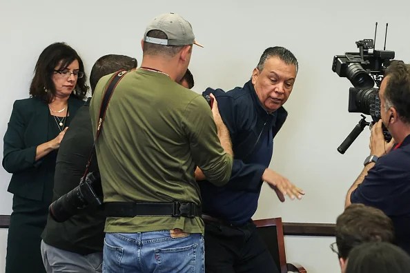 US Senator Alex Padilla, Democrat from California, is removed from the room after interrupting a news conference with Department of Homeland Security Secretary Kristi Noem at the Wilshire Federal Building in Los Angeles on June 12, 2025. US President Donald Trump said Thursday that Los Angeles was 