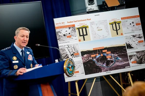 Chairman of the Joint Chiefs of Staff Air Force Gen. Dan Caine speaks during a news conference at the Pentagon on June 26, 2025 in Arlington, Virginia. The Department of Defense top officials gave an update after three Iranian nuclear facilities were struck by the U.S. military last weekend and Iran countered by launching missiles at Al Udeid Air Base in Doha, Qatar.
