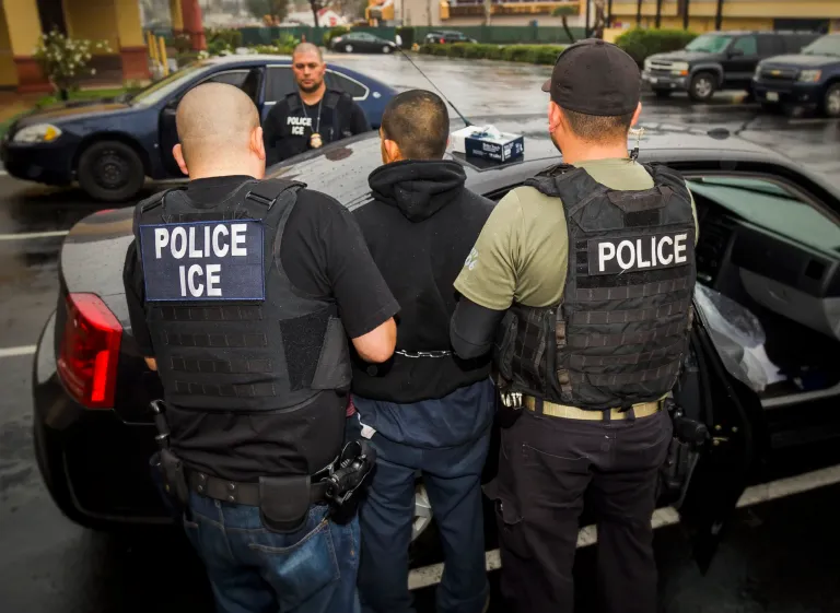 Foreign nationals are arrested during a targeted enforcement operation conducted by U.S. Immigration and Customs Enforcement (ICE) aimed at immigration fugitives, re-entrants and at-large criminal aliens in Los Angeles. (Charles Reed/U.S. Immigration and Customs Enforcement via AP)