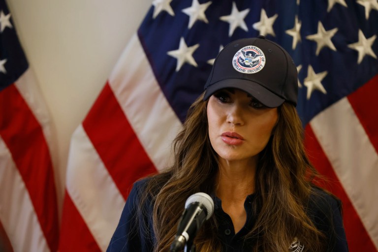 Homeland Security Secretary Kristi Noem holds a news conference regarding the recent protests in Los Angeles on Thursday, June 12, 2025.