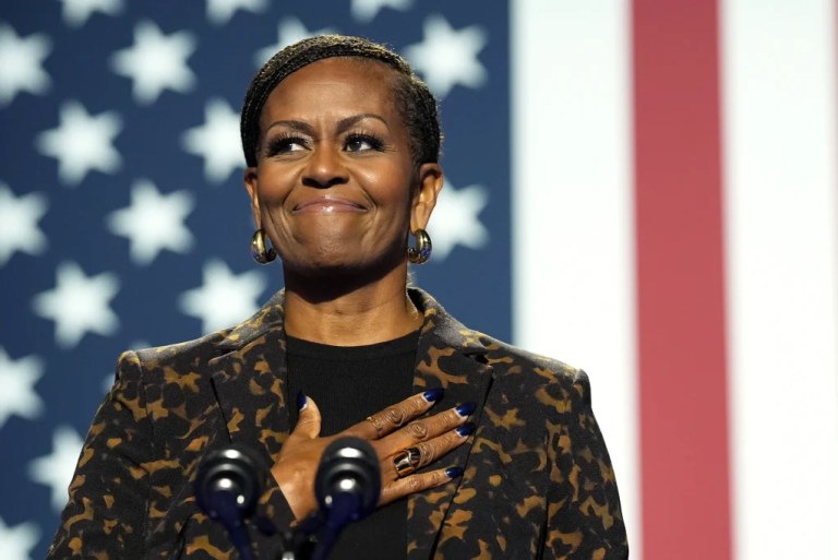 Former first lady Michelle Obama speaks at a campaign rally for former Vice President Kamala Harris at the Wings Event Center, in Kalamazoo, Michigan, Oct. 26, 2024.