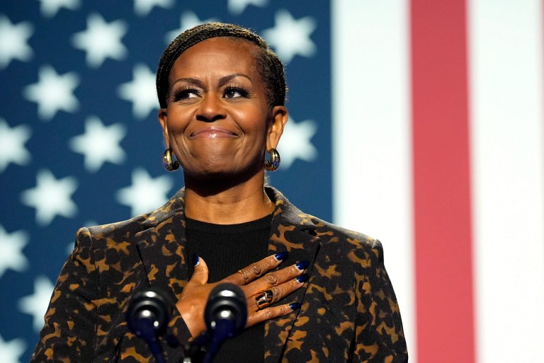 Former first lady Michelle Obama speaks at a campaign rally for former Vice President Kamala Harris at the Wings Event Center, in Kalamazoo, Michigan, Oct. 26, 2024.