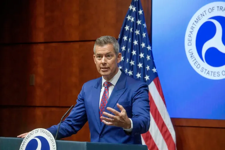 Secretary of Transportation Sean Duffy speaks during a news conference to provide a status update on Newark Liberty International Airport at the Department of Transportation in Washington, Wednesday, May 28, 2025.