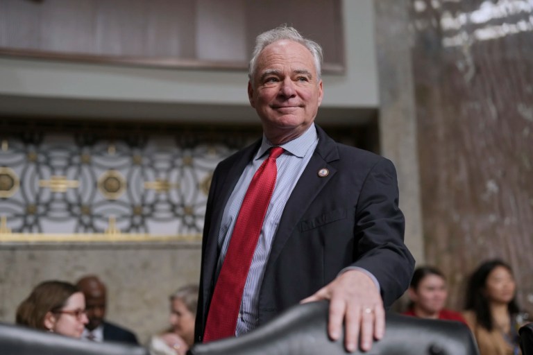 Sen. Tim Kaine, D-Va., arrives for a hearing with Defense Secretary Pete Hegseth on the Pentagon budget and the crisis between Iran and Israel, at the Capitol.