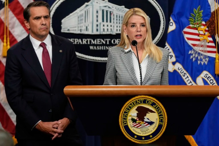 Attorney General Pam Bondi speaks as Deputy Attorney General Todd Blanche listens during a news conference about Kilmar Abrego Garcia at the Justice Department, Friday June 6, 2025, in Washington.