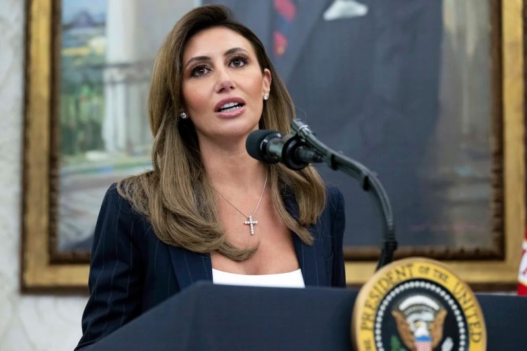 Alina Habba speaks after being sworn in as interim US Attorney General for New Jersey, in the Oval Office of the White House in Washington, on March 28, 2025.
