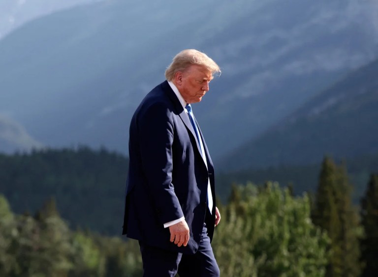 President Donald Trump leaves after a family photo session during the Group of 7 Summit, in Kananaskis, Alberta, Monday, June 16, 2025.