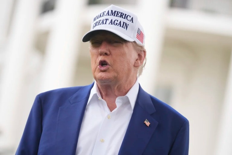 President Donald Trump speaks as a flag pole is installed on the South Lawn of the White House, Wednesday, June 18, 2025, in Washington. (AP Photo/Evan Vucci)