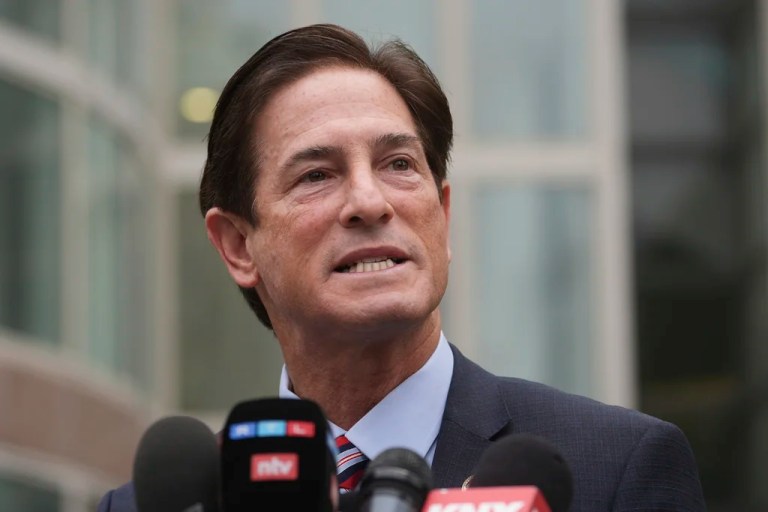 Los Angeles County District Attorney Nathan Hochman speaks outside of the courthouse during a hearing in the case of Erik and Lyle Menendez Thursday, April 17, 2025, in Los Angeles.