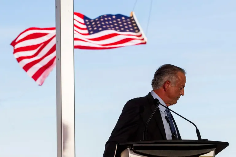 Nevada Gov. Joe Lombardo (R) leaves the stage at a groundbreaking for a high-speed passenger rail on Monday, April 22, 2024, in Las Vegas. A $12 billion high-speed passenger rail line between Las Vegas and the Los Angeles area has started construction.
