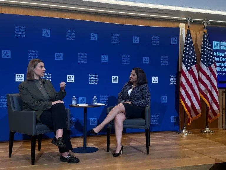 Sen. Elissa Slotkin (D-MI) speaks with Neera Tanden at the Center for American Progress on June 26, 2025. (Ally Goelz/Washington Examiner)