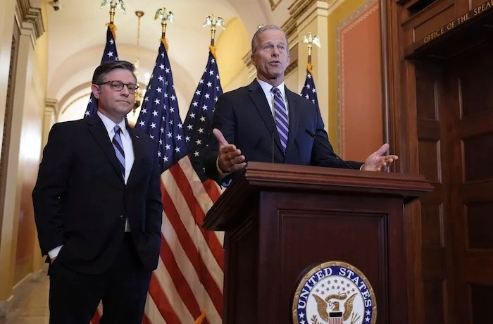 Speaker of the House Mike Johnson, R-La., left, and Senate Majority Leader John Thune, R-S.D.