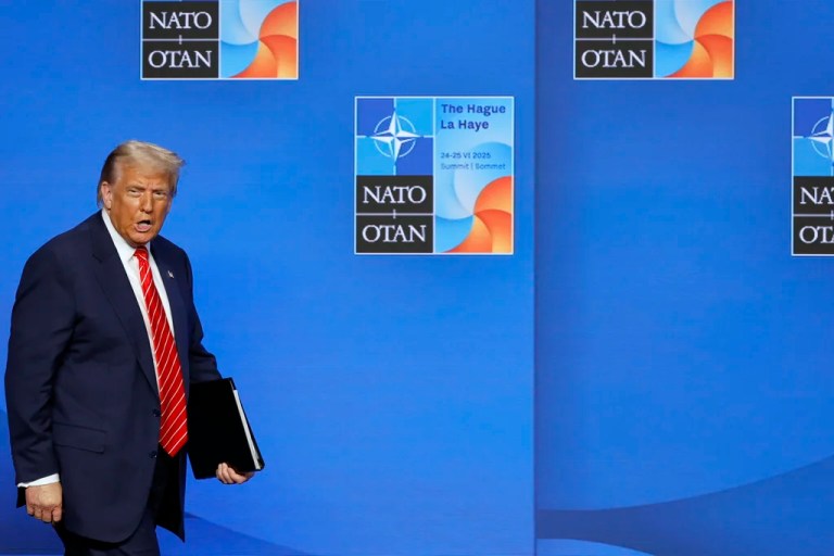 President Donald Trump arrives for a media conference at the NATO summit in The Hague, Netherlands, Wednesday, June 25, 2025.