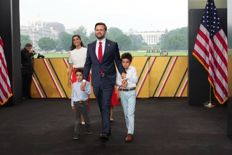 Vice President JD Vance, center, his wife Usha Vance, back left, and their children arrive for a parade to honor the Army's 250th anniversary, coinciding with President Donald Trump's 79th birthday, Saturday, June 14, 2025, in Washington. (Doug Mills/The New York Times via AP, Pool)