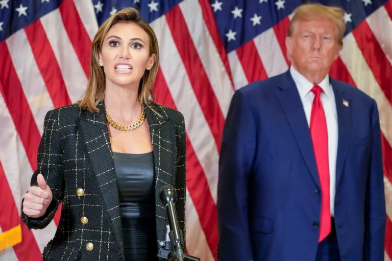 Attorney Alina Habba is joined by former President Donald Trump as she speaks during a news conference, Jan. 11, 2024, in New York. Testy encounters between lawyers for former President Donald Trump and judges have come to be expected as the attorneys carry into the courtroom the bombastic, and often antagonistic, style that defines his campaign trail demeanor.