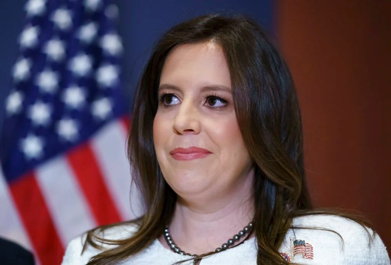 Rep. Elise Stefanik (R-NY) speaks to reporters at the Capitol in Washington, Friday, May 14, 2021, after she was elected the new chairwoman of the House Republican Conference, replacing Rep. Liz Cheney (R-WY), who was ousted from the GOP leadership for criticizing President Donald Trump.