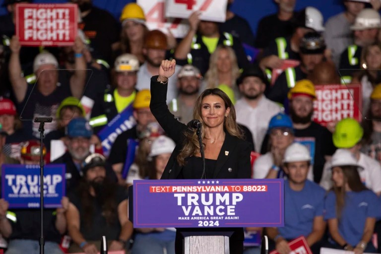Attorney Alina Habba greets the crowd at a campaign rally with Republican presidential nominee former President Donald Trump at 1st Summit Arena at the Cambria County War Memorial, in Johnstown, Pa., Friday, Aug. 30, 2024. (AP Photo/Rebecca Droke)