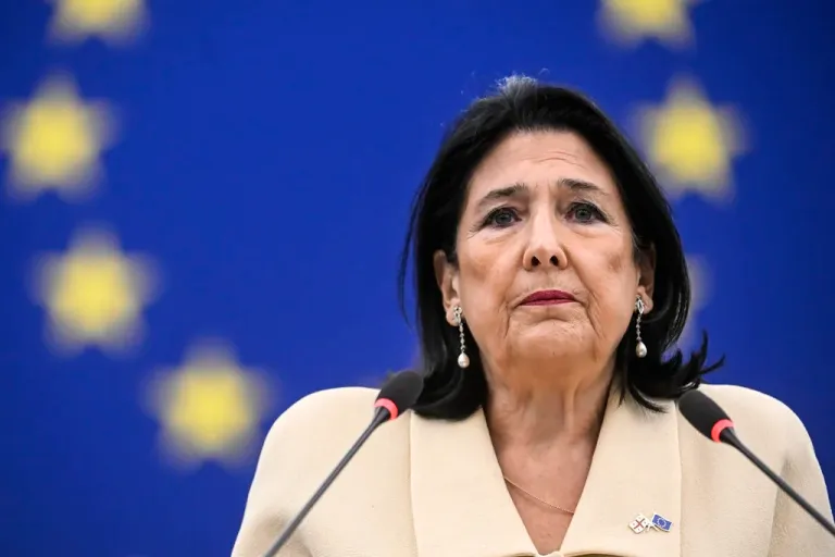 Georgian outgoing President Salome Zourabichvili delivers her speech at the European Parliament and appealed to the European Union to press her country's pro-Russia government to hold a new election amid a police crackdown on peaceful opposition protesters, Wednesday, Dec. 18, 2024 in Strasbourg, eastern France.