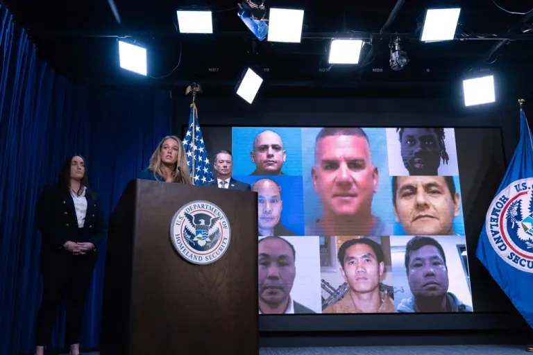 DHS Assistant Secretary for Public Affairs Tricia McLaughlin, flanked by Deputy director of U.S. Immigration and Customs Enforcement Madison Sheahan, left, and Acting director of U.S. Immigration and Customs Enforcement Todd Lyons, speaks during a news conference at ICE Headquarters, in Washington, Wednesday, May 21, 2025.